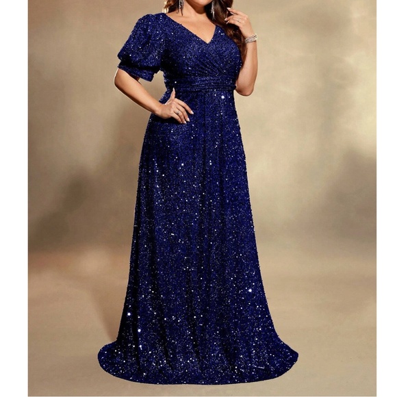 Plus Sequin Puff Sleeve High Waisted Party Formal Wedding Dress - Picture 9 of 9